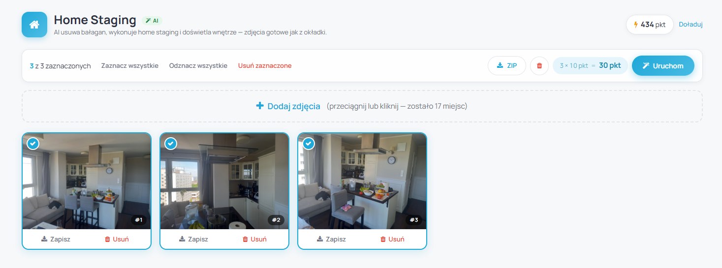 Moduł Zdjęcia AI w aplikacji Nbot - wgrane zdjęcia, koszt w punktach widoczny przed uruchomieniem, pobieranie ZIP